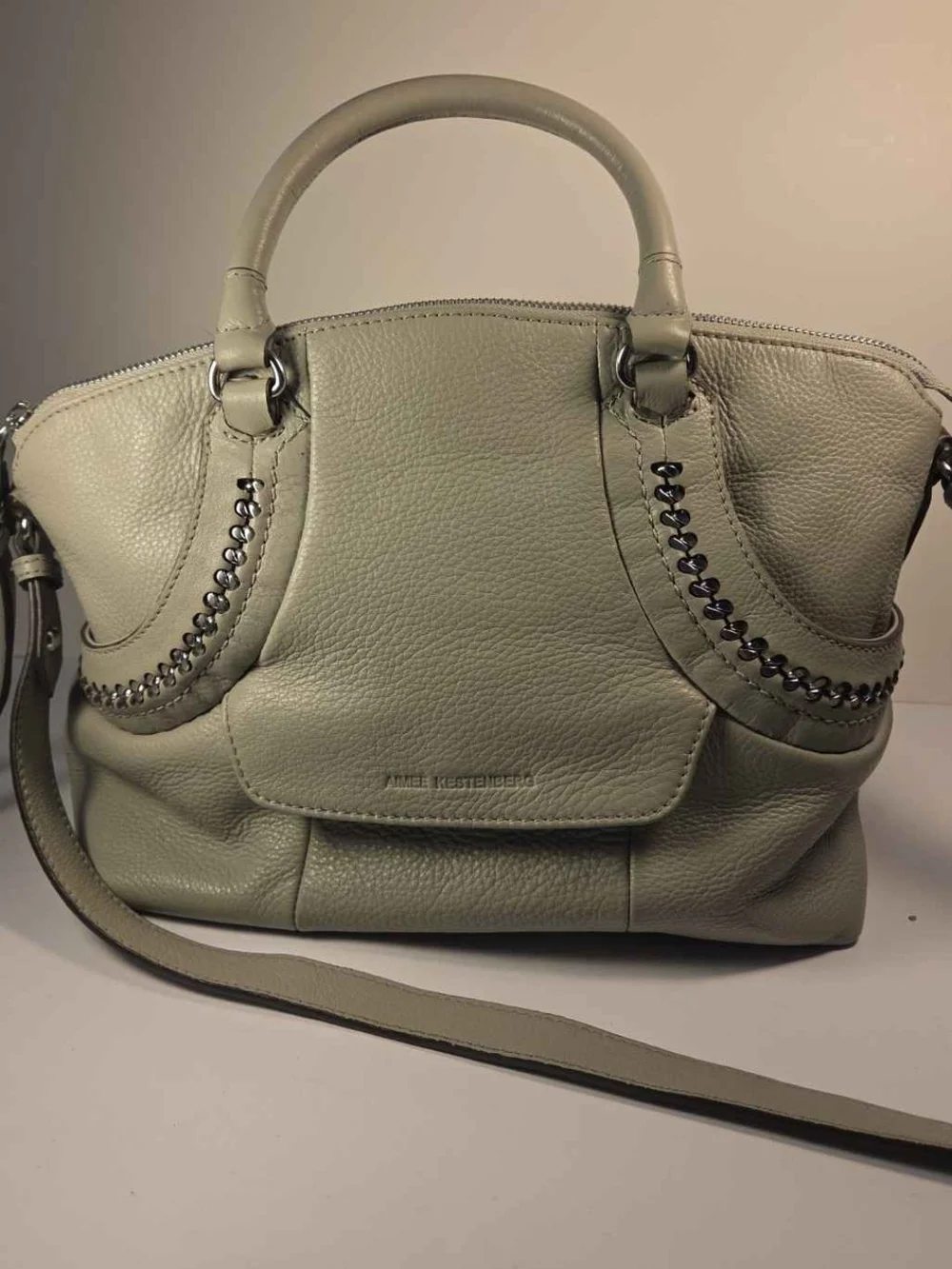Aimee Kestenberg Gray Pebbled Leather Satchel with Chain Trim